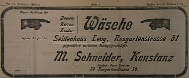 Anzeige in der Konstanzer Zeitung: W&auml;scheabteilung von M. Schneider jetzt gegen&uuml;ber beim Seidenhaus Levi, Rosgartenstra&szlig;e 31.