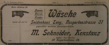 Anzeige in der Konstanzer Zeitung: Wäscheabteilung von M. Schneider jetzt gegenüber beim Seidenhaus Levi, Rosgartenstraße 31.